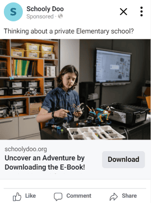 An ad for a private elementary school's e-book on strategies for engaging parents in school activities.