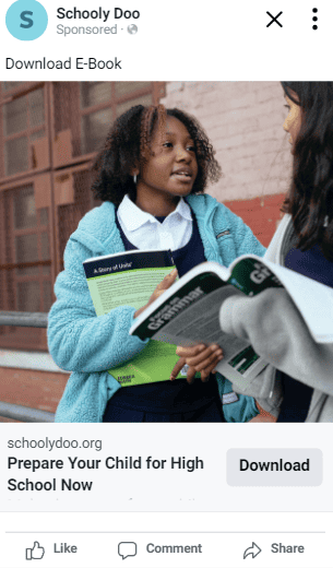 A facebook ad for student admissions registration form and strategies for engaging parents in school activities with Schoool Doo.