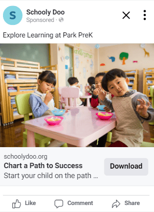 Facebook ad to increase parent involvement in schools and engage parents in school activities.